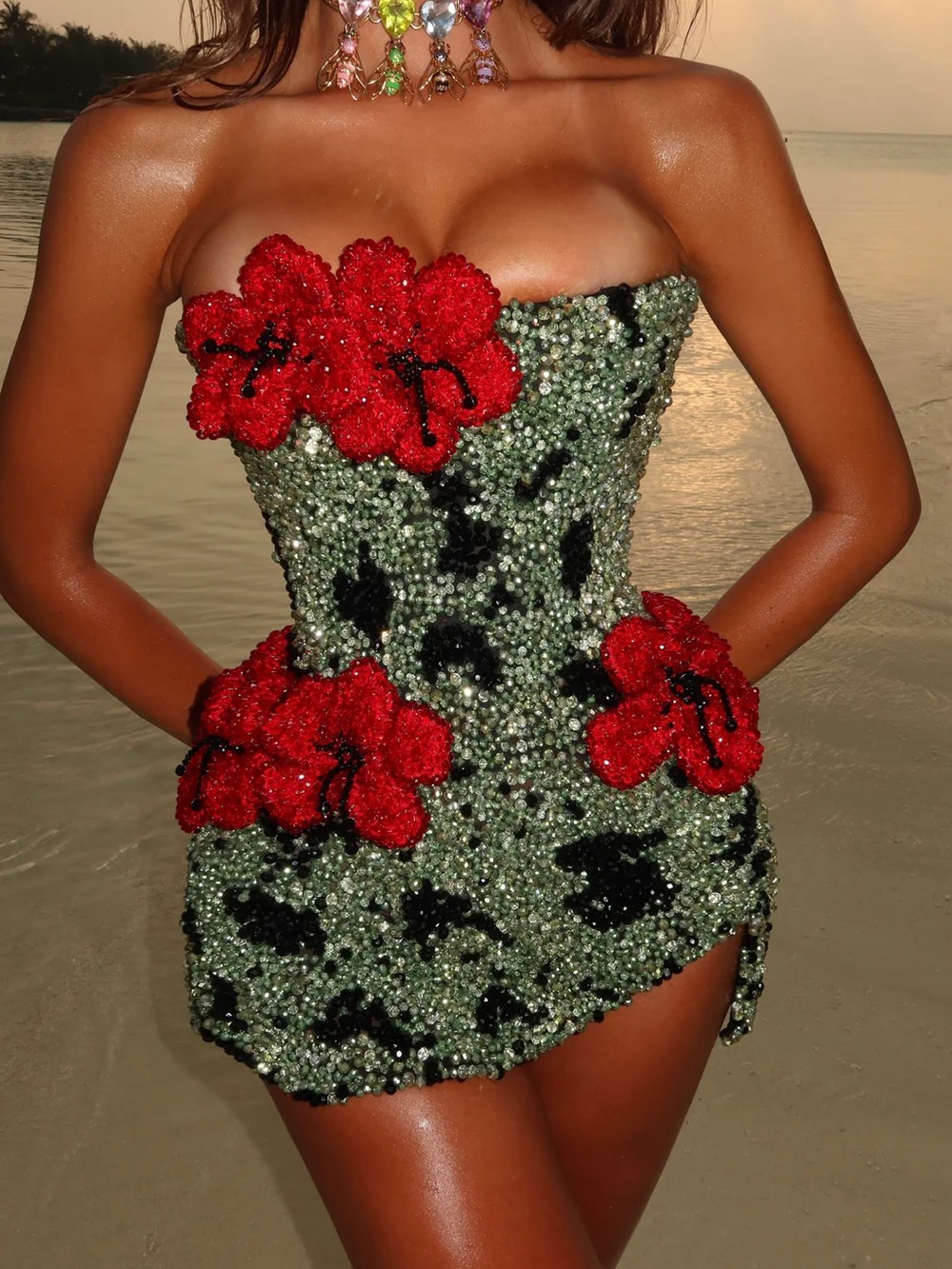 AURELA HOXHA SCARLET GARDEN DRESS mini Beaded XS corset flowers tropical